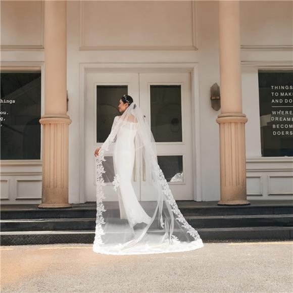 Wedding Veil and Tiara, 1 Tier Lace Cathedral Wedding Veil with Comb 118\